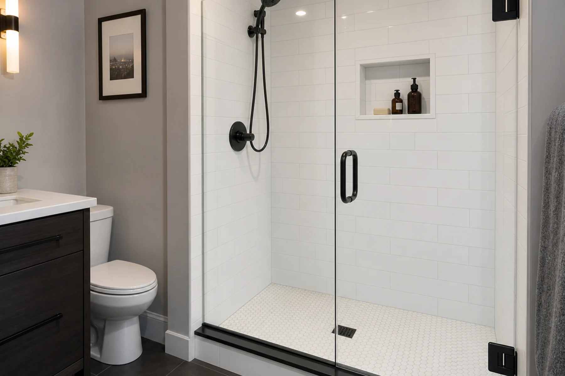 New Westminster condo shower glass restored in a compact bathroom