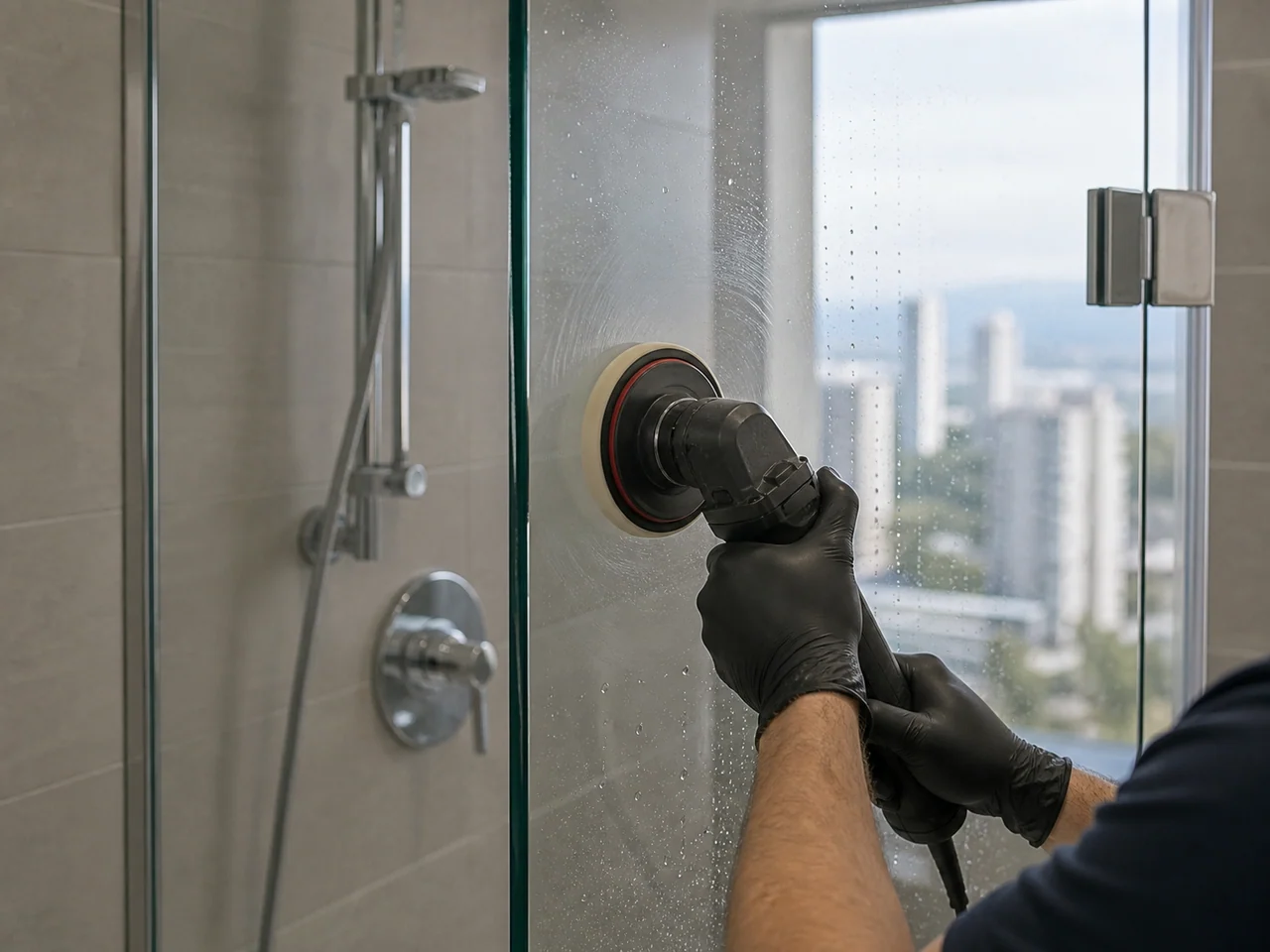 Technician preparing shower glass during a real bathroom restoration photo review