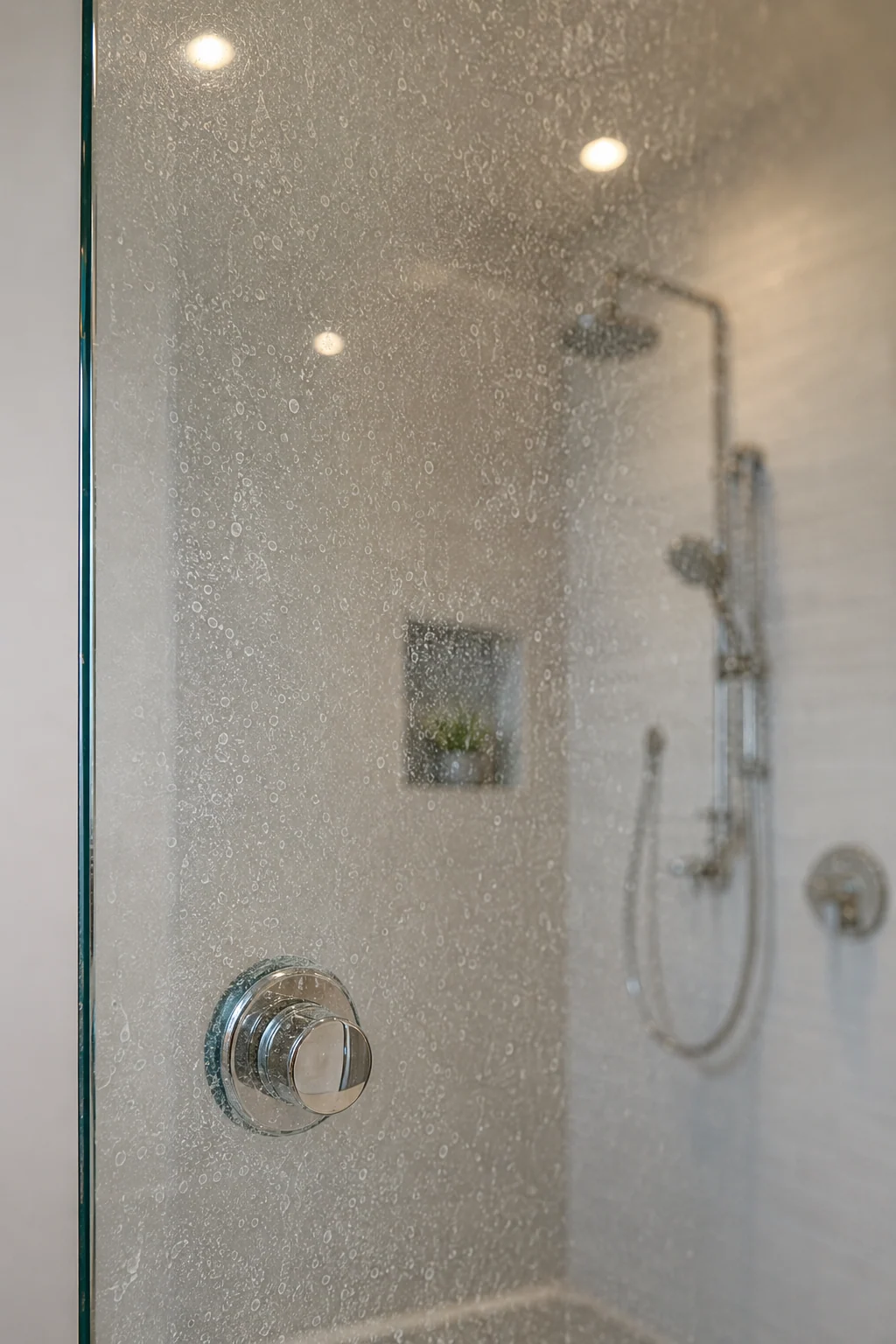 Before: Burnaby shower glass before and after hard water spot removal