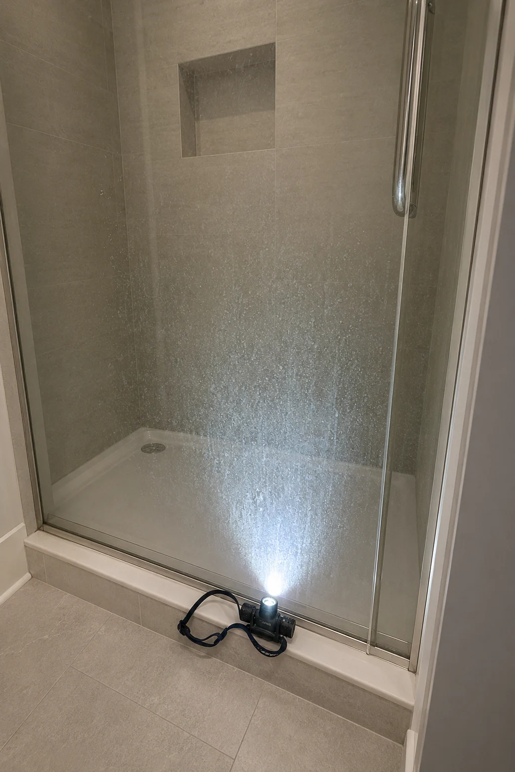 Before: North Vancouver shower glass before and after mineral haze restoration