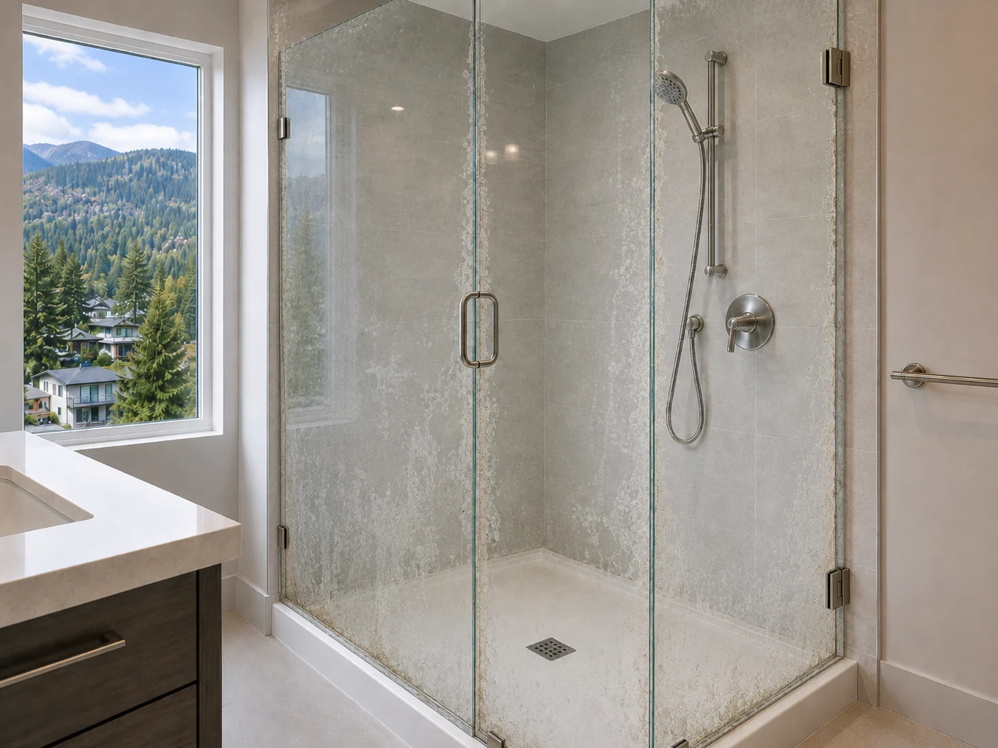 Before: Port Moody ensuite shower glass before and after mineral buildup restoration
