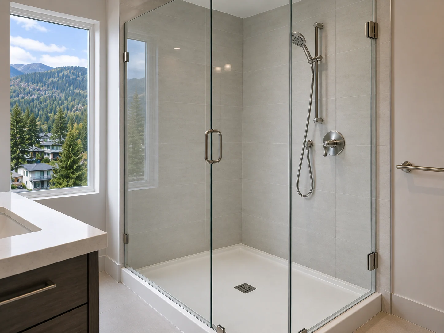 After: Port Moody ensuite shower glass before and after mineral buildup restoration