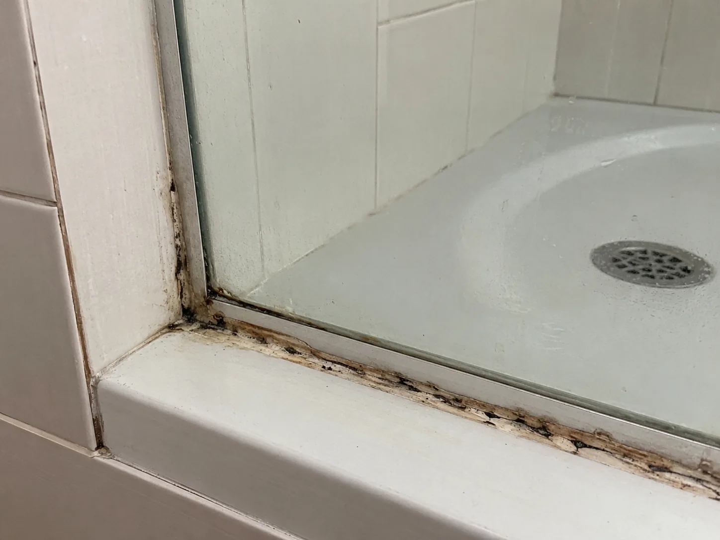 Before: Fresh white shower silicone after shower recaulking service in Vancouver