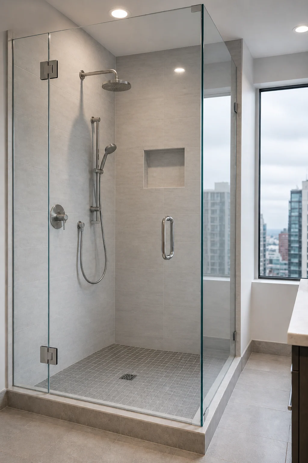 After: Vancouver condo frameless shower glass before and after restoration