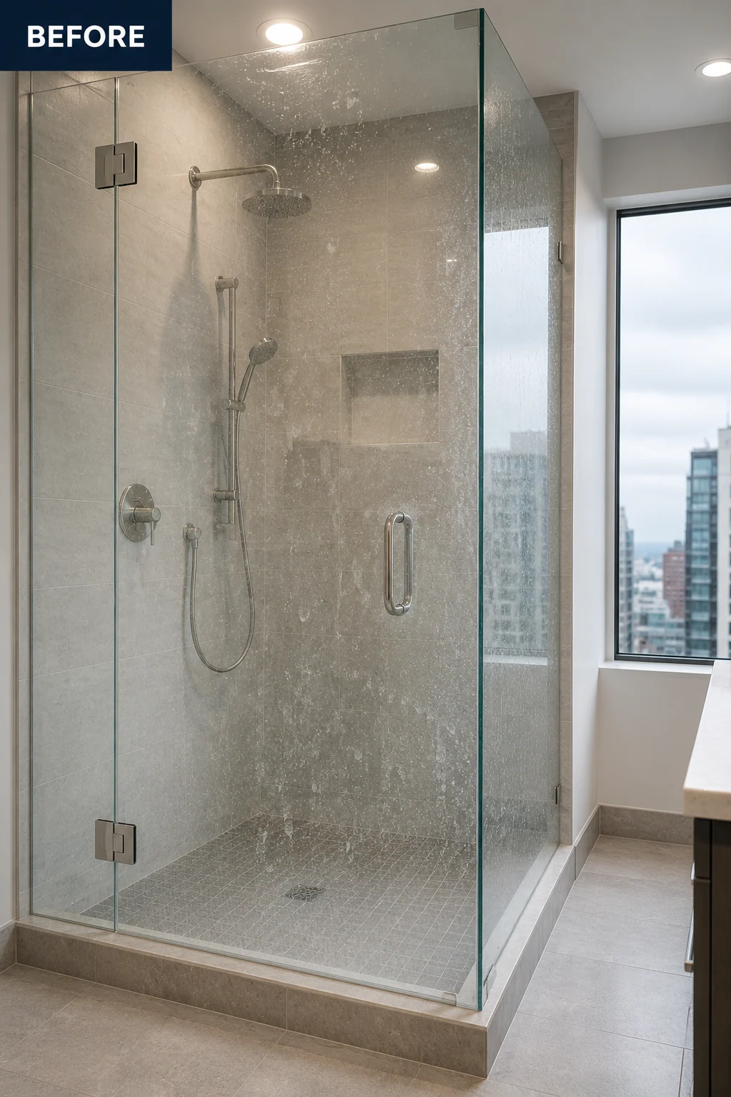 Before: Vancouver condo frameless shower glass before and after restoration
