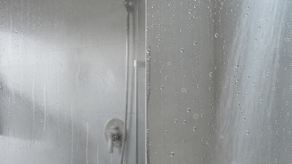 Hydrophobic coating demo with water sheeting on one side and beading on the coated side